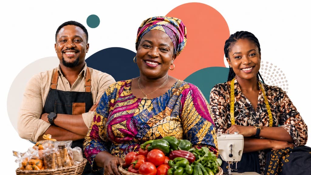 Three Nigerian small business owners: a shopkeeper with packaged goods, a market vendor with fresh produce, and a tailor with a sewing machine.